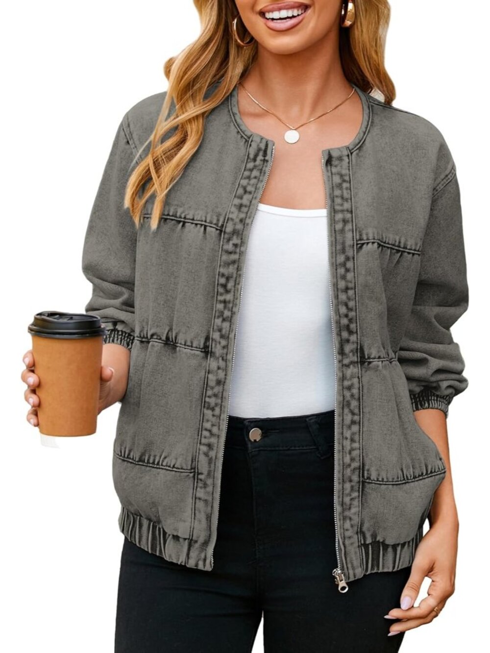 Womens Grey Crew Neck Long Sleeve Zip Up Loose Fit Fall Bomber Jean Jacket